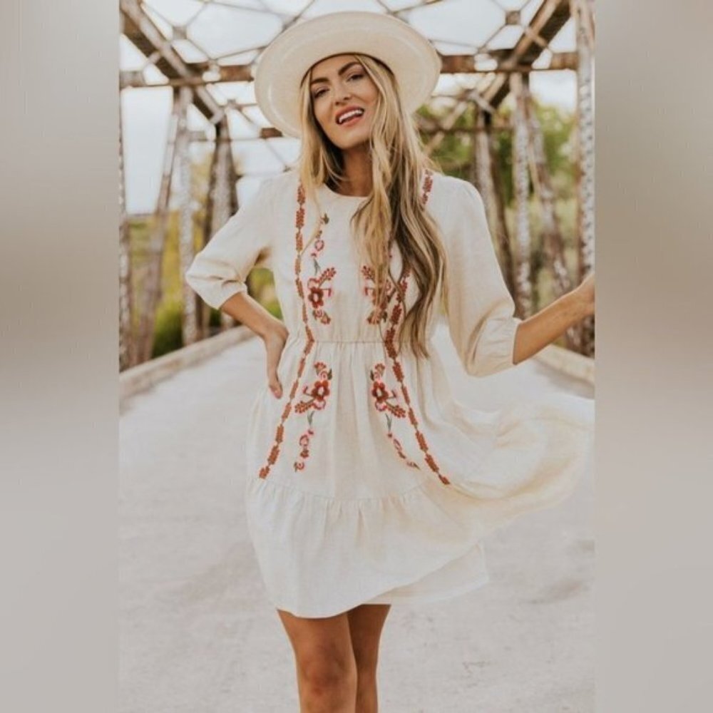 Roolee Linen Floral Embroidered Dress Size Medium Floral Boho Prairie Feminine
